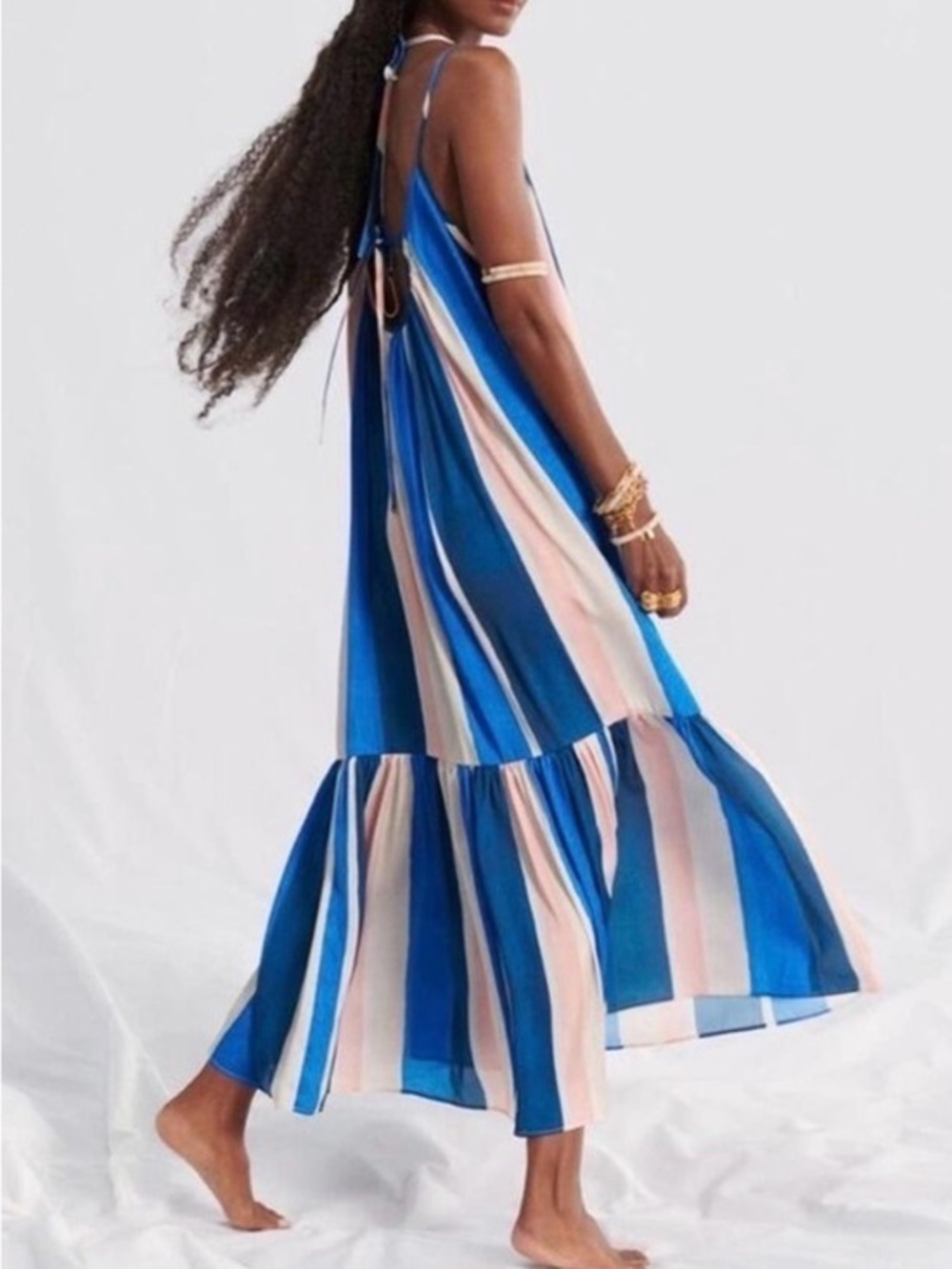 Lemlem Blue and Pink Striped Tie-Shoulder Maxi Dress